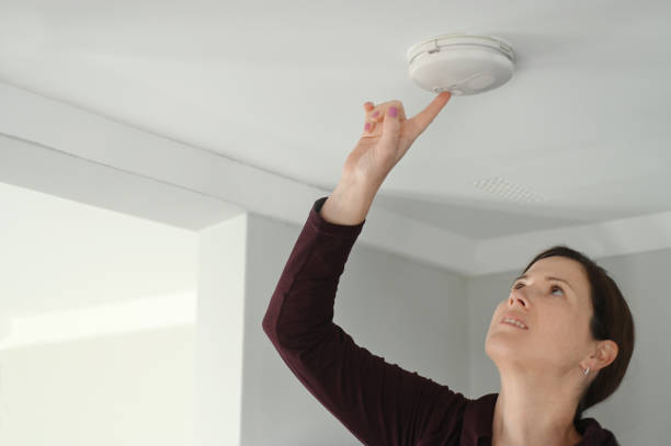 technician checking carbon monoxide detector during chimney inspection in New Hampshire